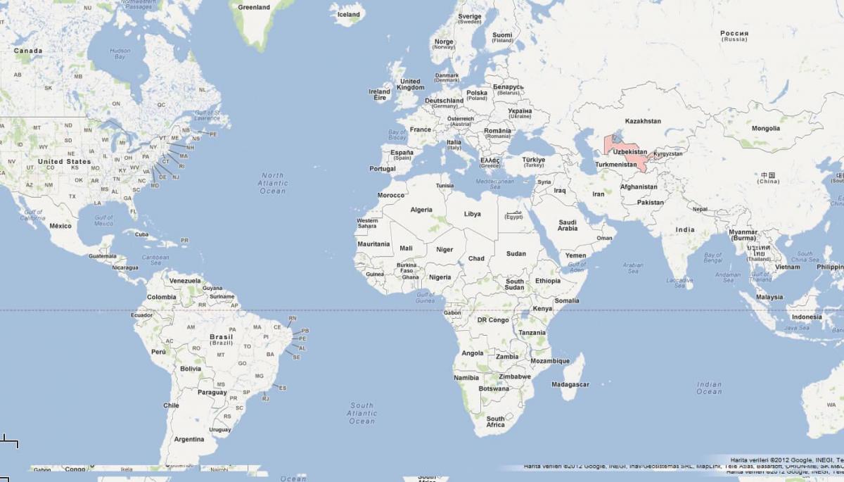 地图上的乌兹别克斯坦在世界地图